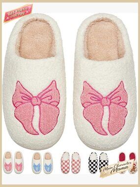 Memory Foam Slippers Non-Slip Fuzzy Warm Indoor Outdoor Preppy Bow House Shoes